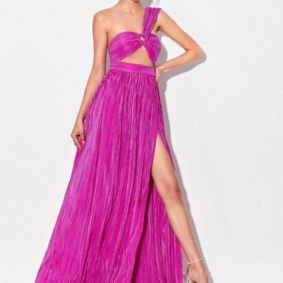 Red Violet Sexy Women's One Shoulder Ring Ruched Front Cut Out Split Thigh Dress - Picture 4 of 6